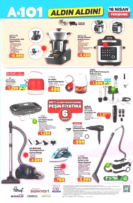 YARIN RAFLARDA A101 AKTÜEL 16 NİSAN PERŞEMBE HANGİ ÜRÜNLER İNDİRİMDE A101 Aldın Aldın katalog ürünleri: Elektrikli düdüklü tencere, Akıllı mutfak robotu, Yüksek basınçlı yıkama makinesi, Piyano...